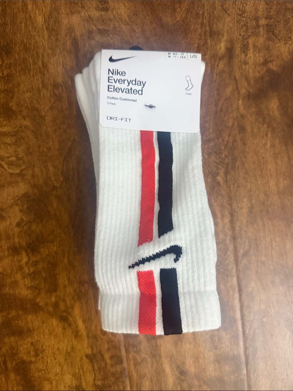 Nike Crew Socks in White with Red & Black Stripe Accents